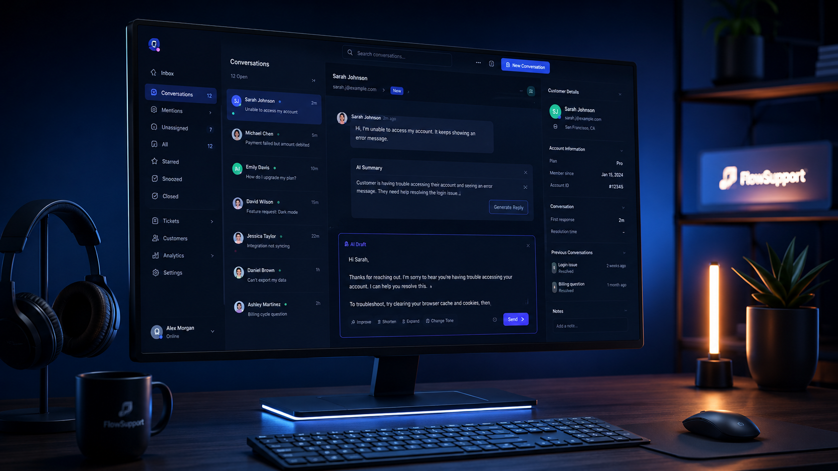 Supportinbox van TeleCalendar met conceptantwoorden van de AI-agent